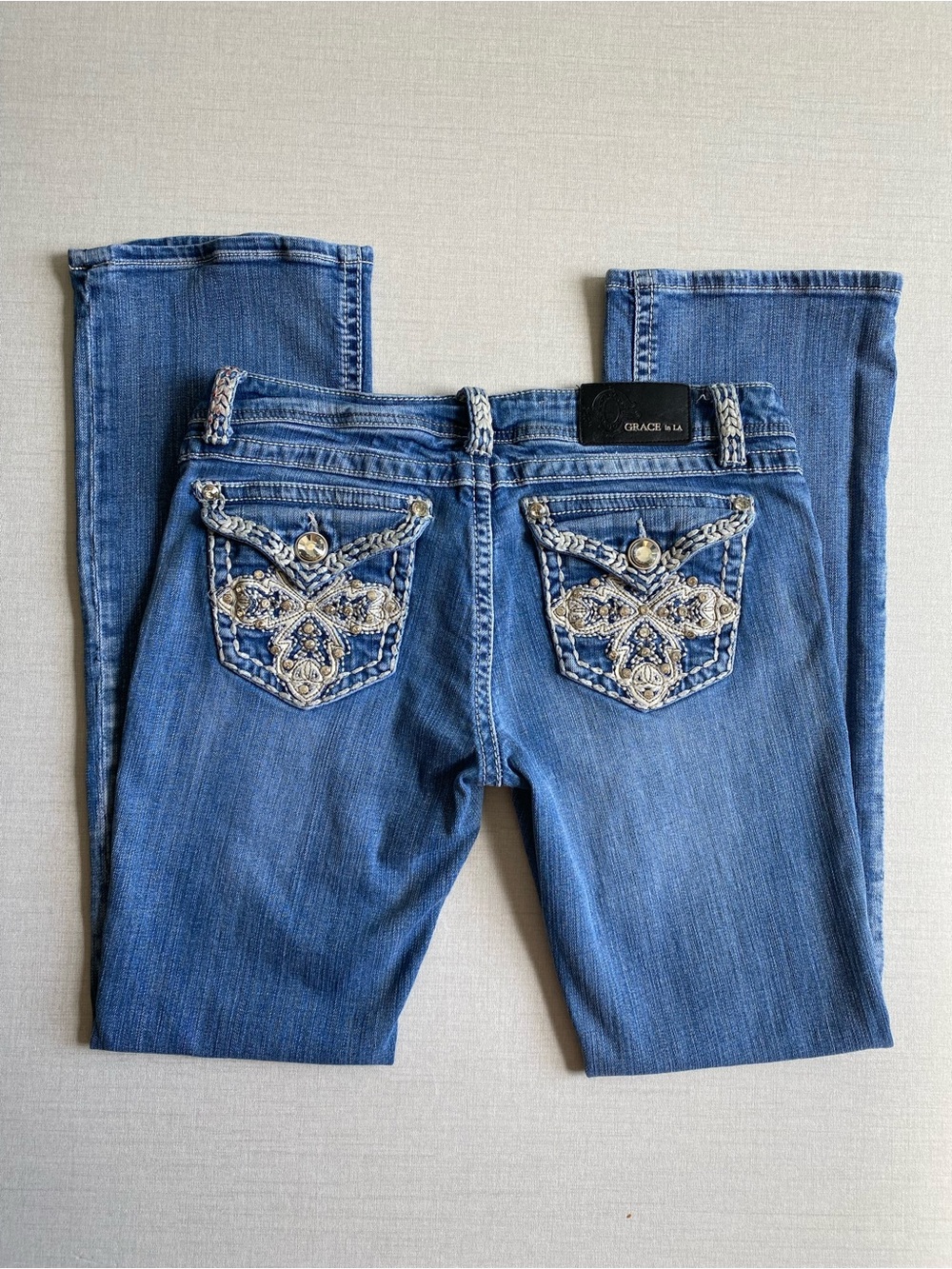 Grace in LA Medium Blue Boot Cut Jeans with Embroidered Beaded Pockets